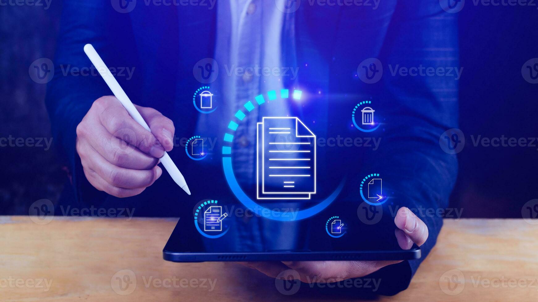 Businessman pressing multimedia type of modern buttons with virtual background, Document Management System DMS, searching and managing corporate files information. photo