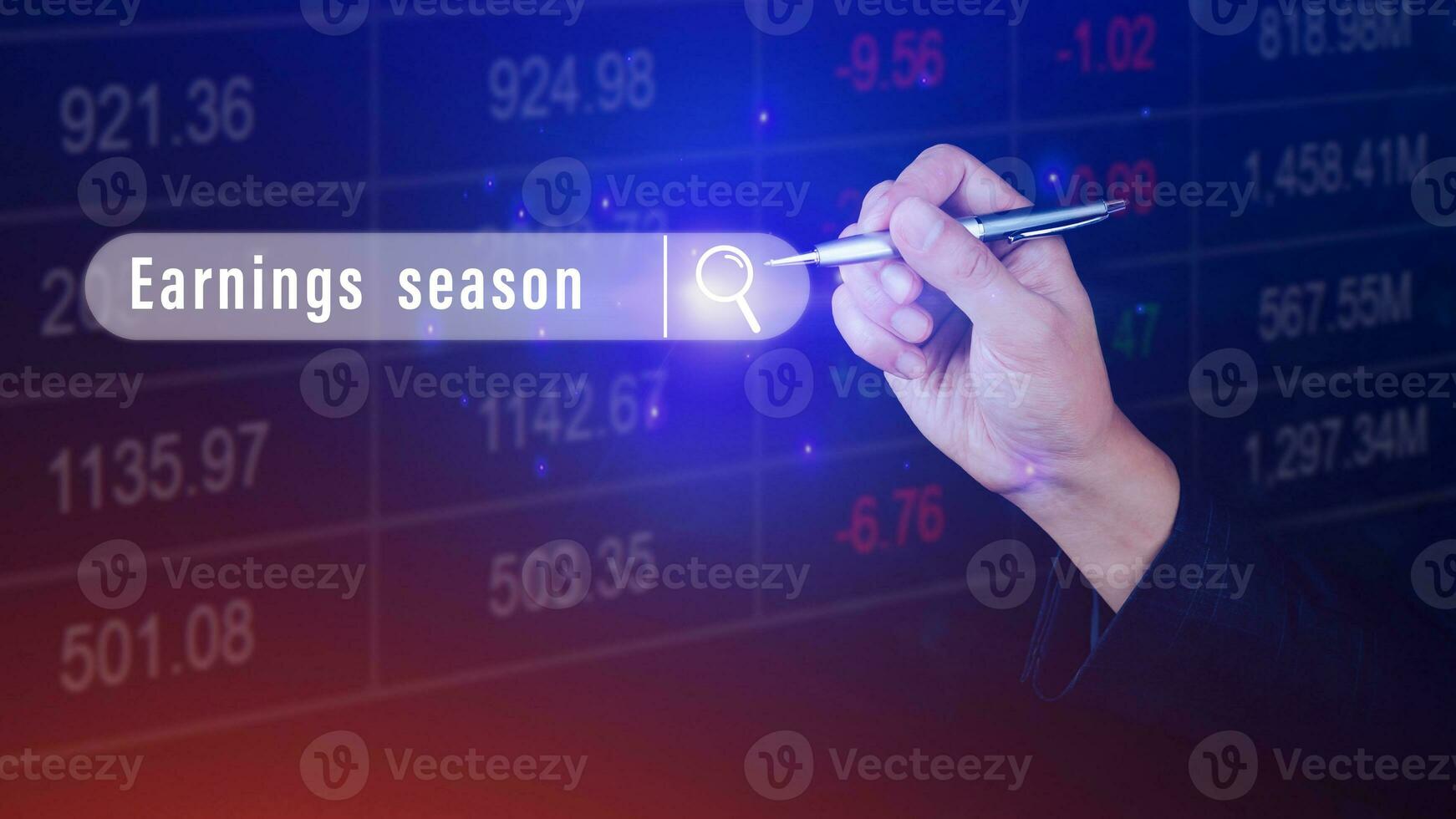 Earnings season Hand touching of written in search bar with the financial data visible in the background,  Reports Stock Market Ticker Words photo