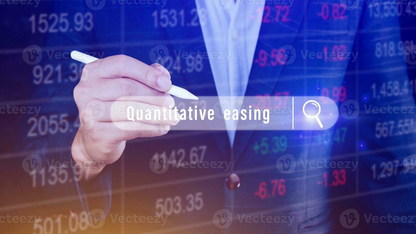 Quantitative easing written in search bar with the financial data visible on background, Quantitative easing concept stock Market online marketing photo