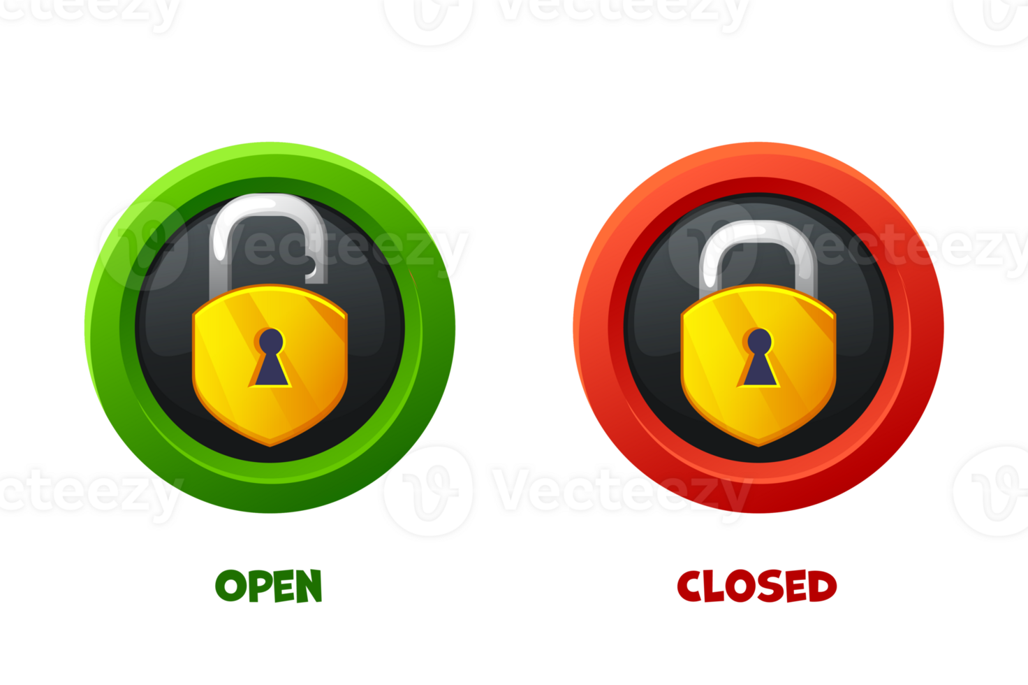 Open and closed padlock icons. Game icon. Block and security png