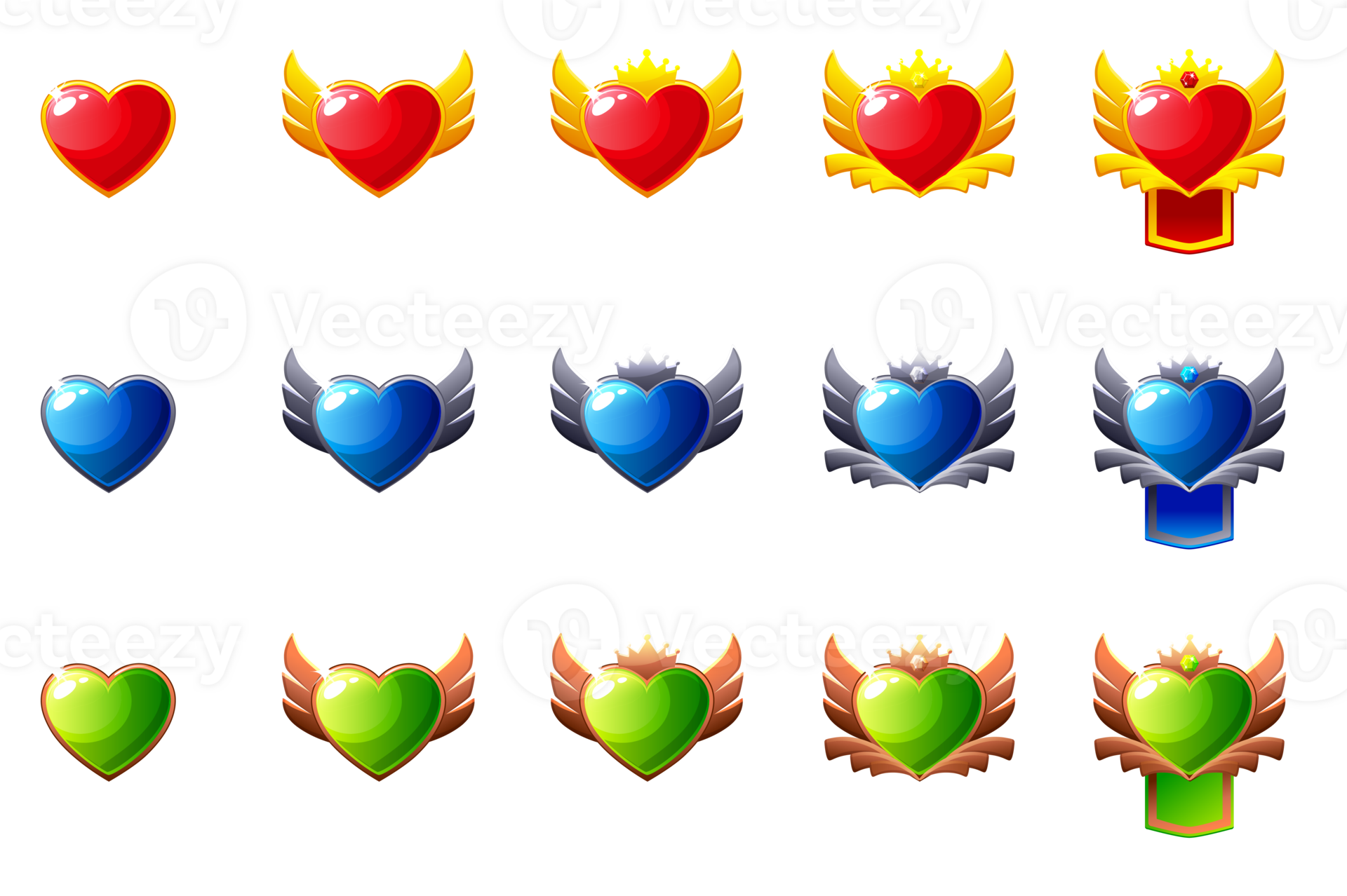 Set of Game Rank badges. Ranking awards. Template Ranking Heart icons