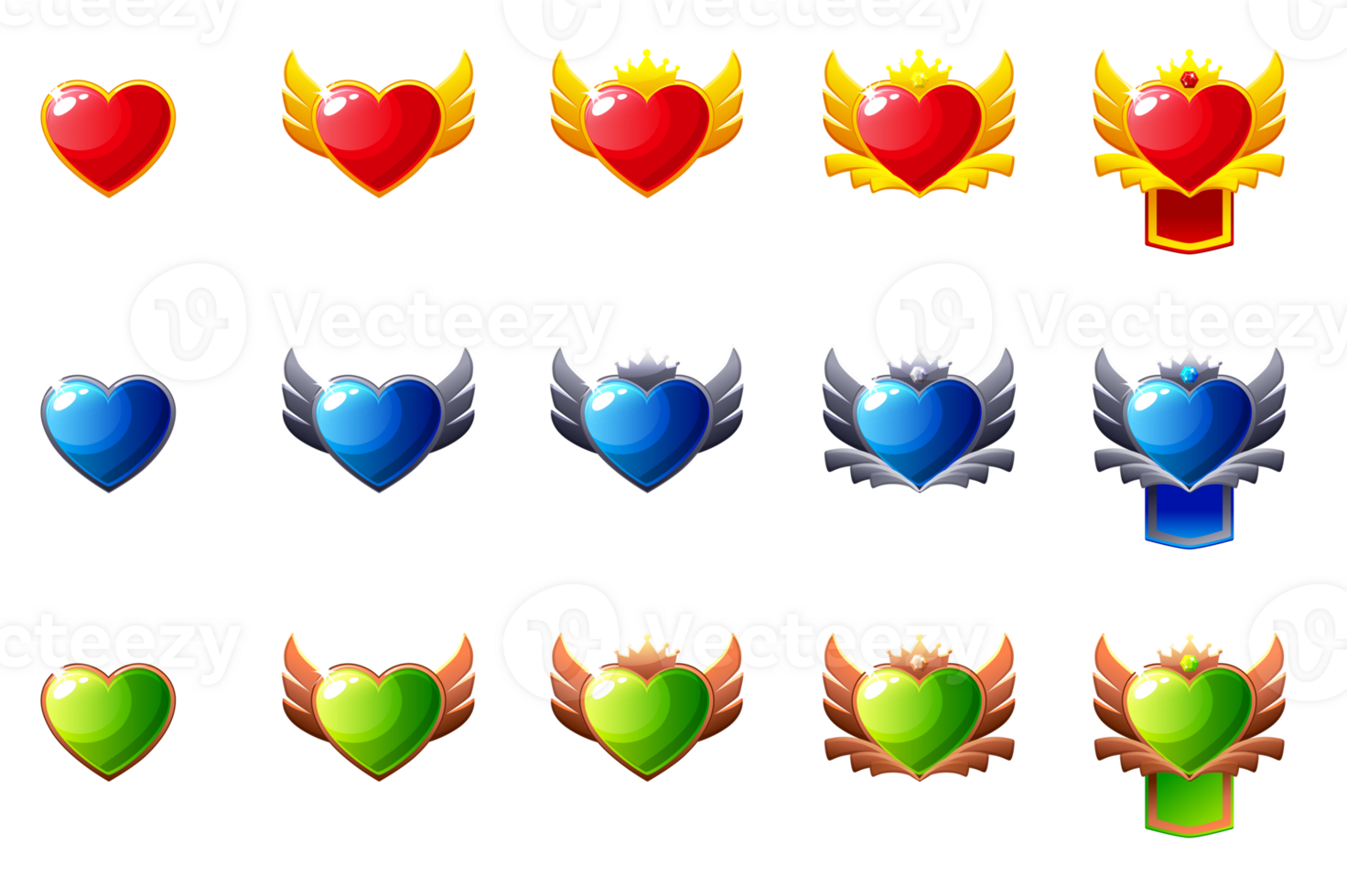 Set of Game Rank badges. Ranking awards. Template Ranking Heart icons. Set of Awards badges- bronze, silver and gold png