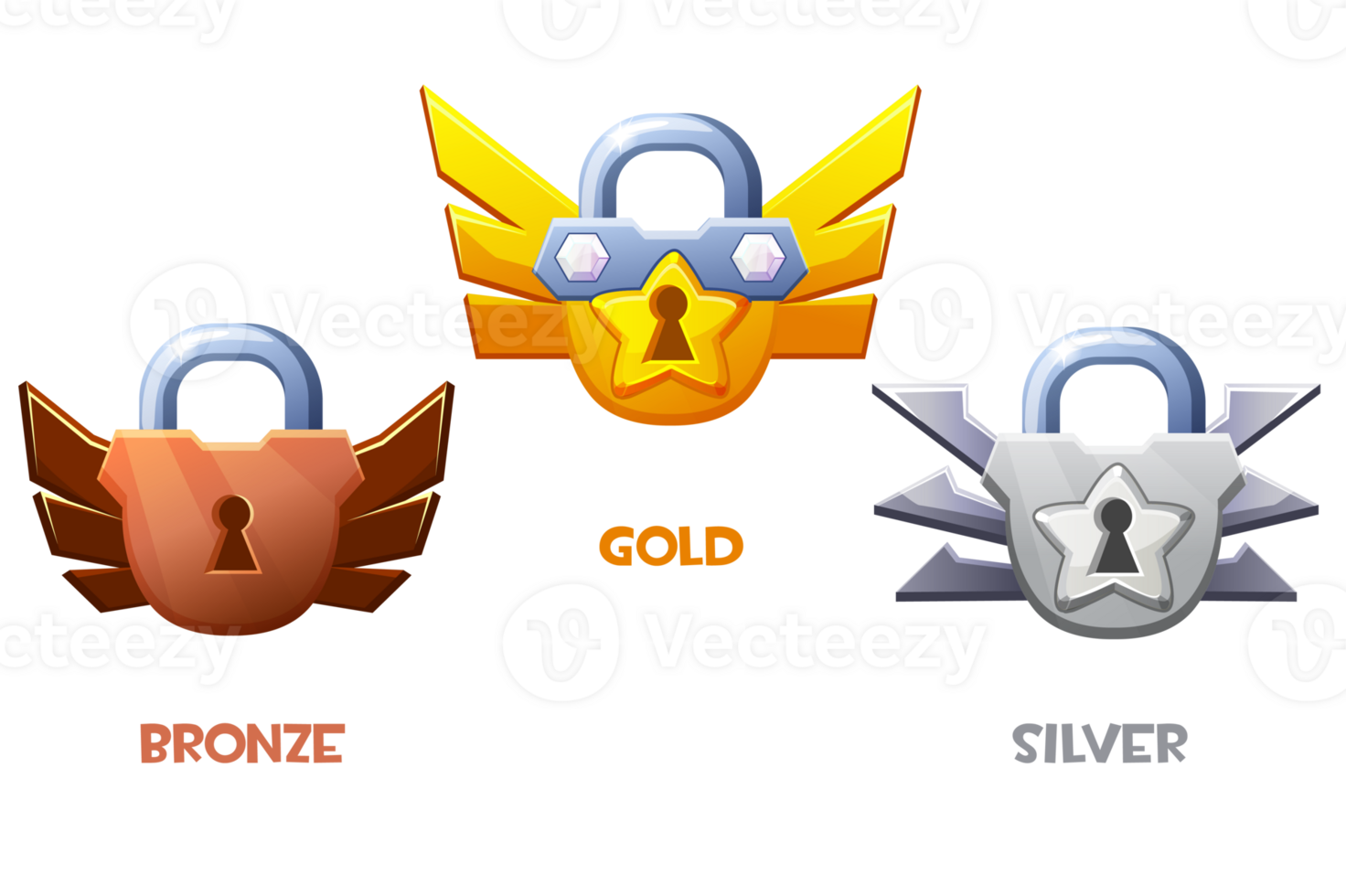 Bronze, silver and golden padlock. level symbol. Award game icons