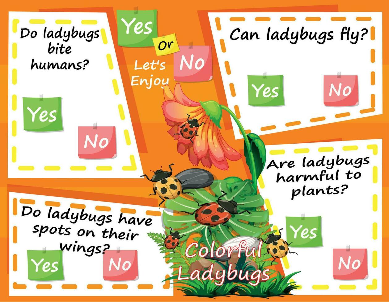 Worksheet for Logic Kids Task and Answer Questions Colorful Ladybugs.  It's a yes-or-no game. Learn about kids' education activities. Children learn and play brain games. vector
