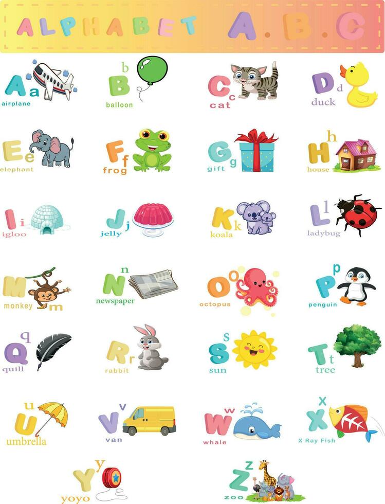 Alphabet Poster for kids A-Z with funny illustrations and beautiful design for preschool and kindergarten vector