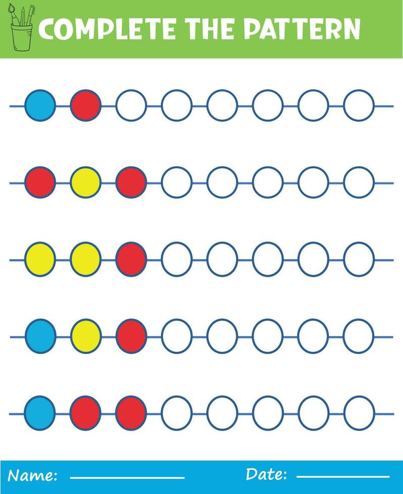 Complete repeating patterns. Worksheet for kids. Practicing motor skills, improving skills tasks Complete the pattern. Draw and color. vector