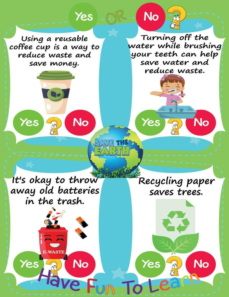 Worksheet for Logic Kids Task and Answer Questions Earth Day Save Our Earth, 3R It's a yes-or-no game. Learn about kids' education activities. Children learn and play vector