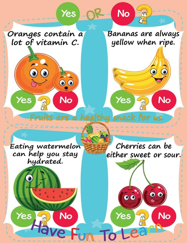 Worksheet for Logic Kids Task and Answer Questions Fruits and Healthy Food It's a yes-or-no game. Learn about kids' education activities. Children learn and play brain games. vector