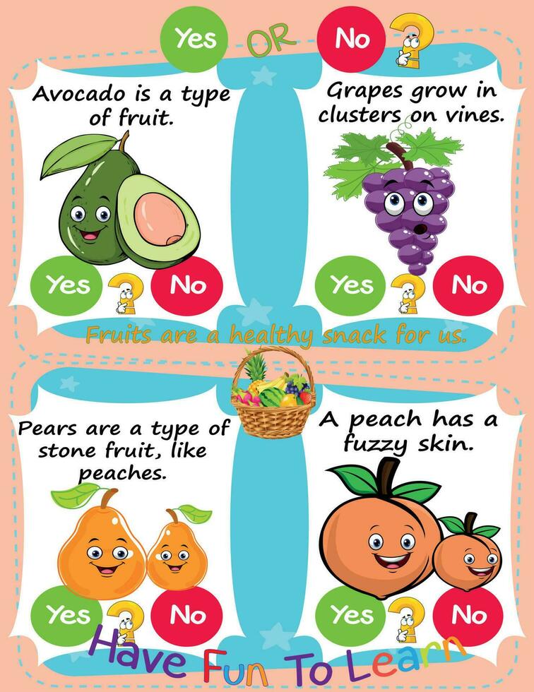 Worksheet for Logic Kids Task and Answer Questions Fruits and Healthy Food It's a yes-or-no game. Learn about kids' education activities. Children learn and play brain games. vector