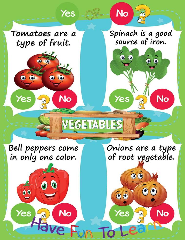 Worksheet for Logic Kids Task and Answer Questions Vegetables Healthy Food It's a yes or no game. Learn about kids' education activities. Children learn and play brain games. vector