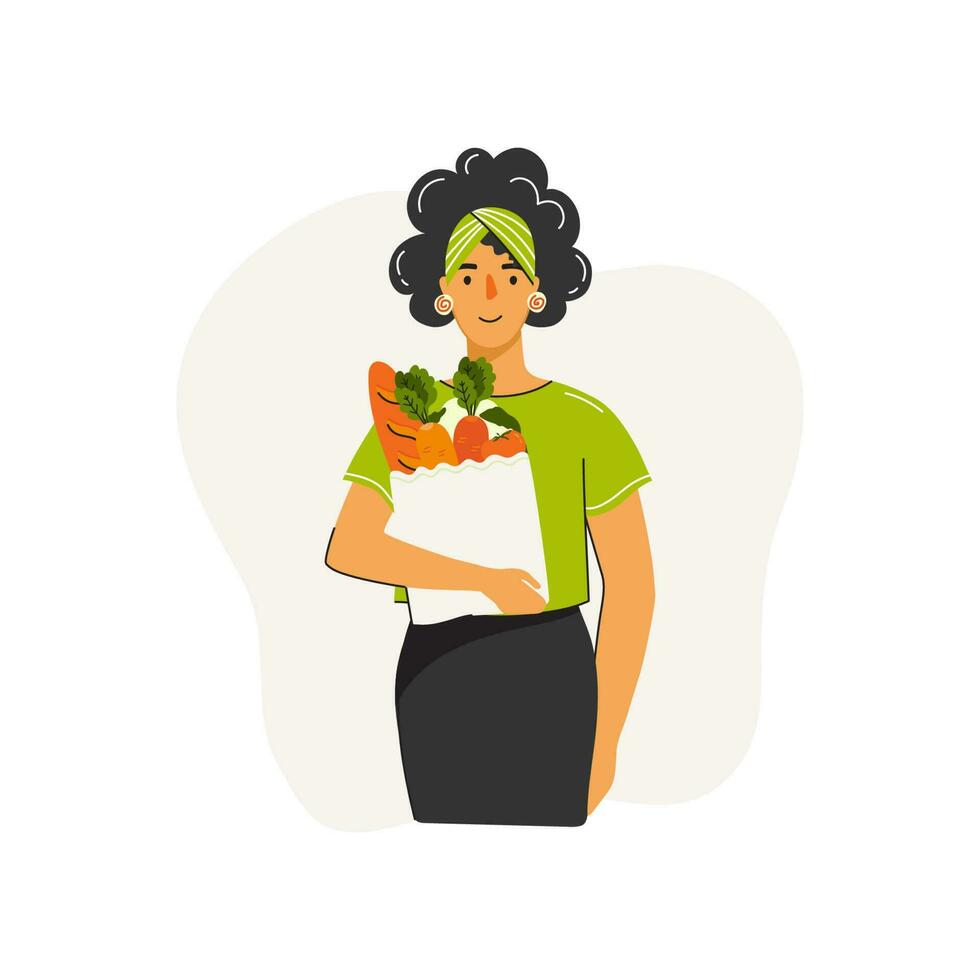 comer sano alimento. un mujer es participación un bolso de vegetales. concepto de sano comiendo. sano estilo de vida. lata ser usado para social medios de comunicación bandera, web página, volantes. dibujos animados garabatear vector ilustración.