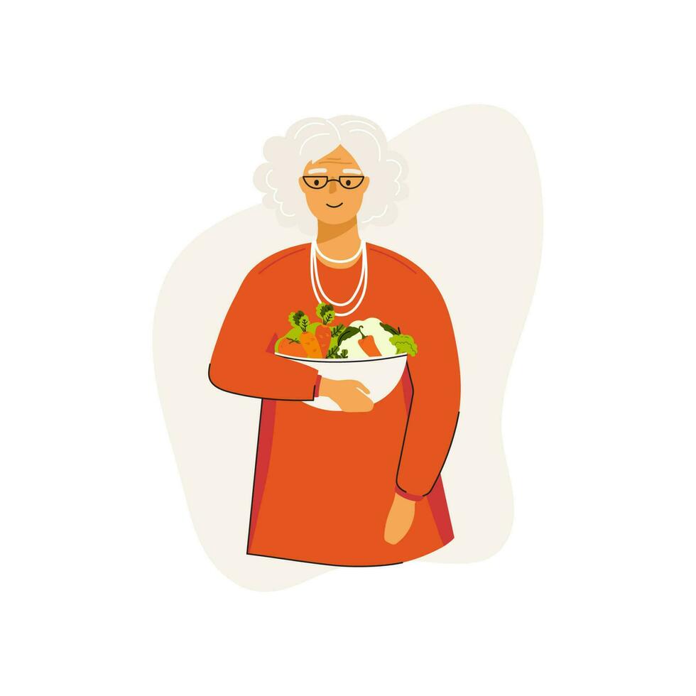 mayor mujer sostiene plato con vegetales. concepto de sano comiendo, pensionistas sano estilo de vida. lata ser usado para social medios de comunicación bandera, web página, volantes y otro. vector ilustración