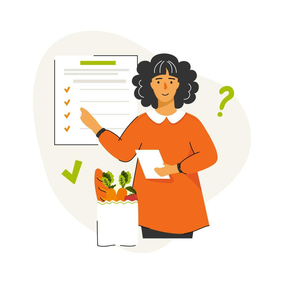 Woman holding a shopping list and searching food for her diet. Concept of dietary eating, meal planning, nutrition consultation. Vector illustration for web design, social media banner, flyer.