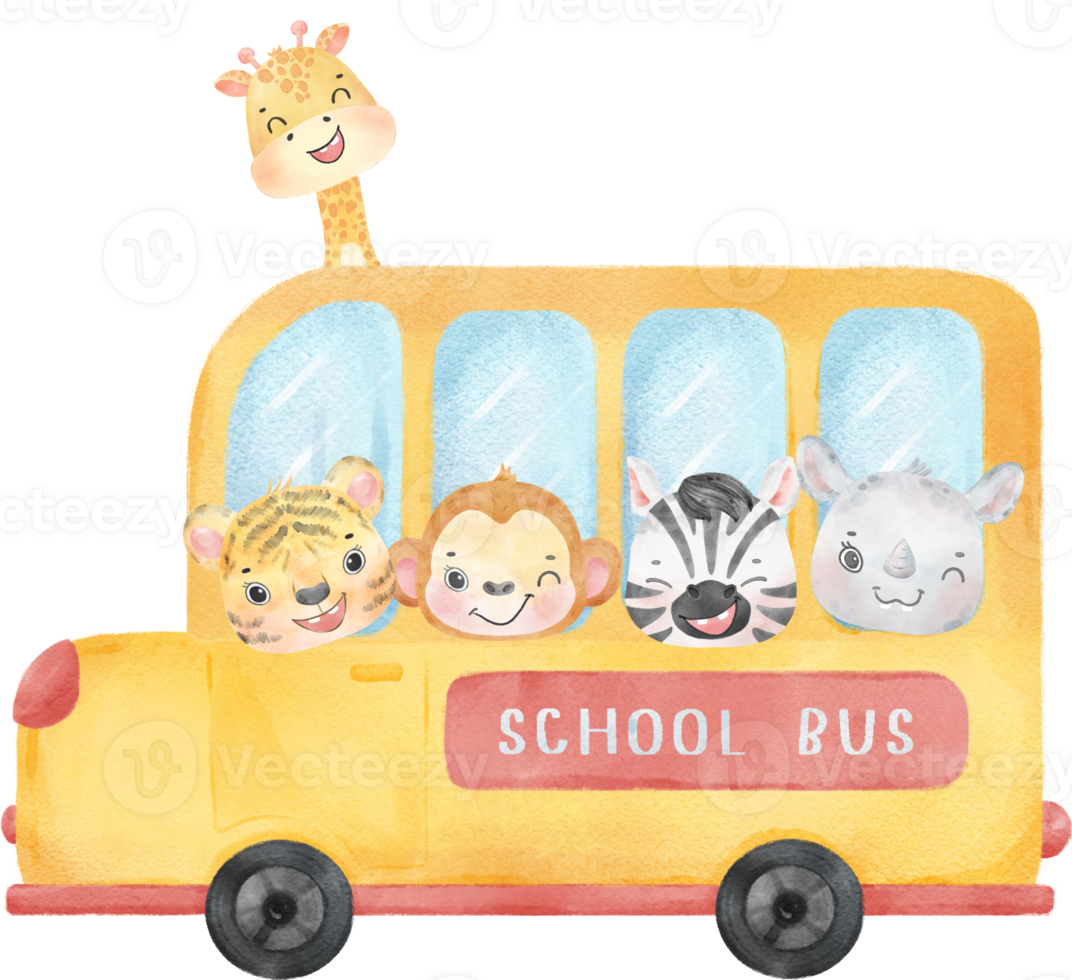 cute watercolor group of wild animal students kid in a yellow school bus back to school png