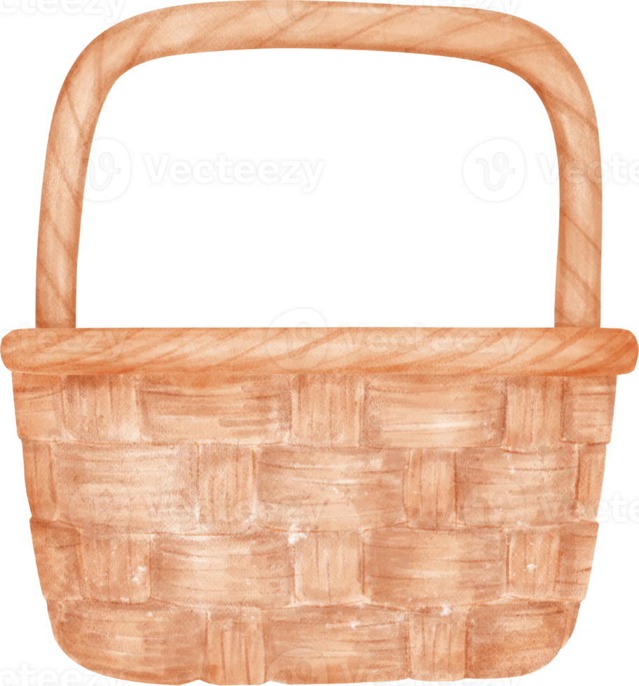 Empty wicker wooden picnic basket watercolor illustration png