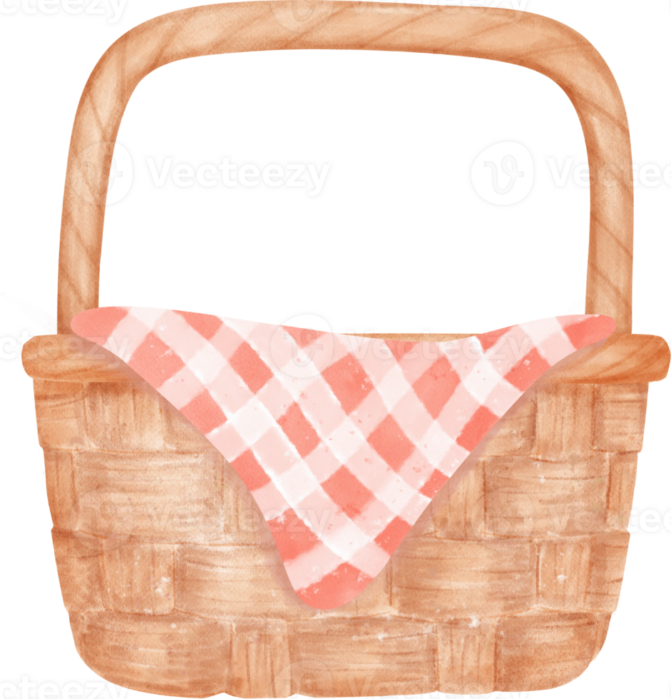 Empty wicker wooden picnic basket watercolor illustration png