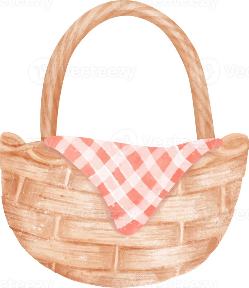 Empty wicker wooden picnic basket watercolor illustration png