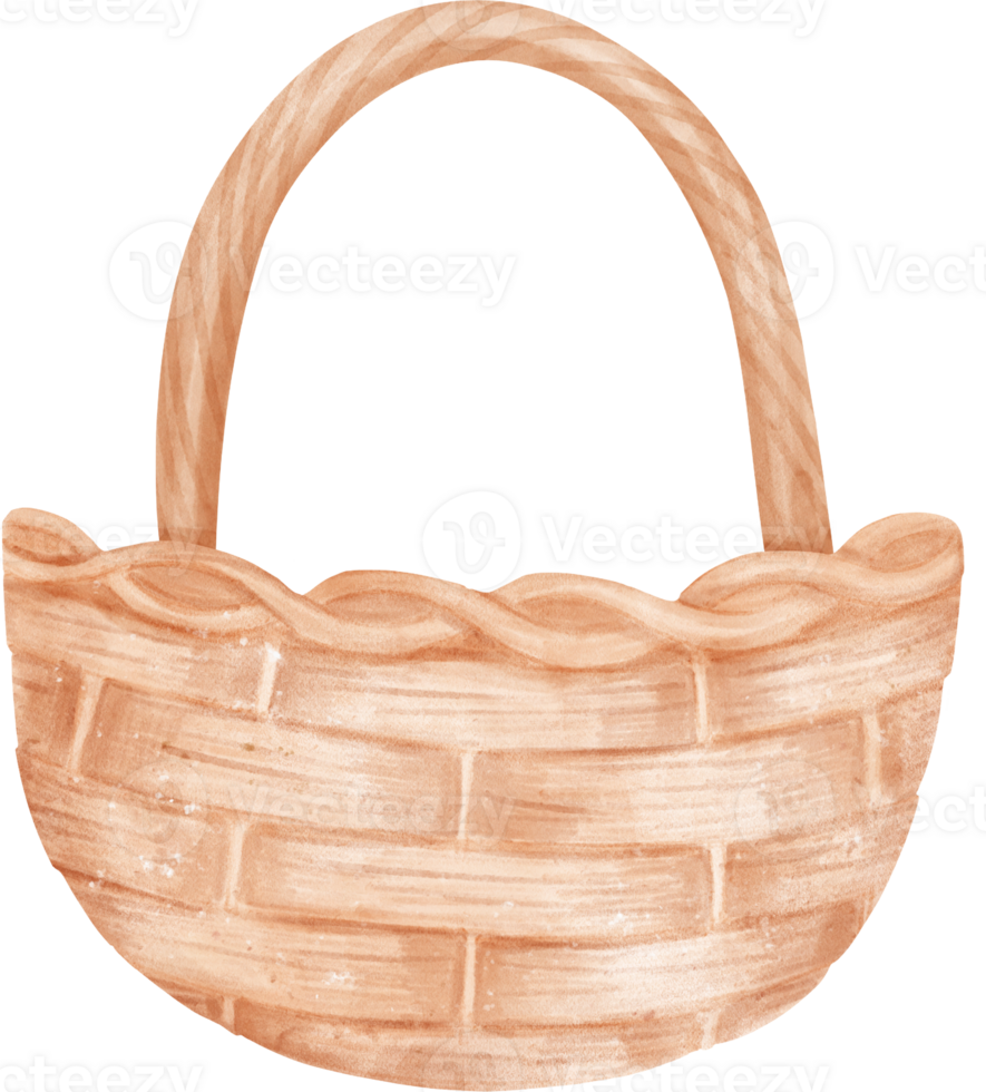 Empty wicker wooden picnic basket watercolor illustration png