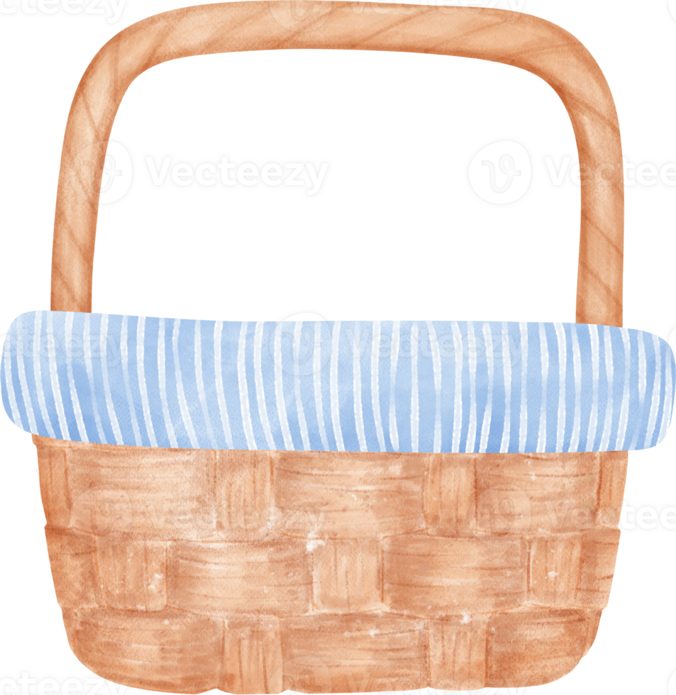 Empty wicker wooden picnic basket watercolor illustration png