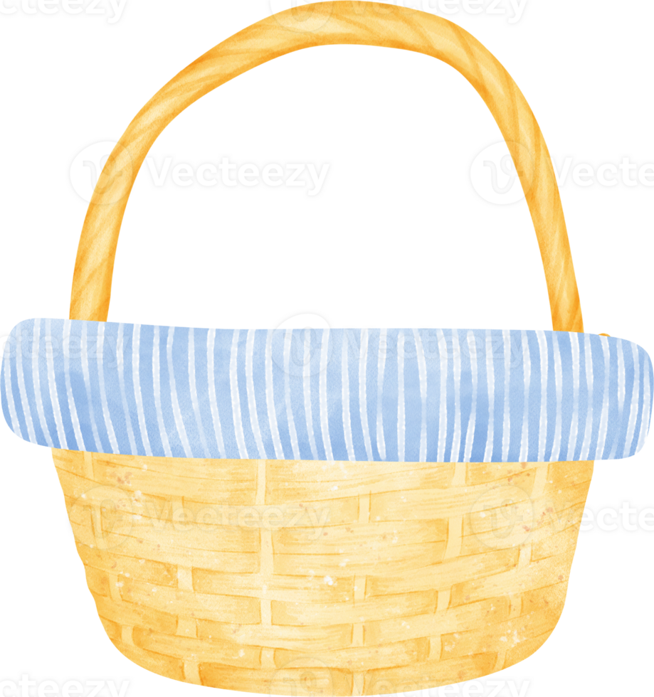 Empty wicker wooden picnic basket watercolor illustration png