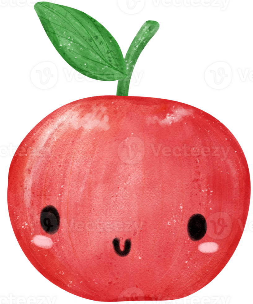 Kawaii happy face apple fruit cute character watercolour hand painting png