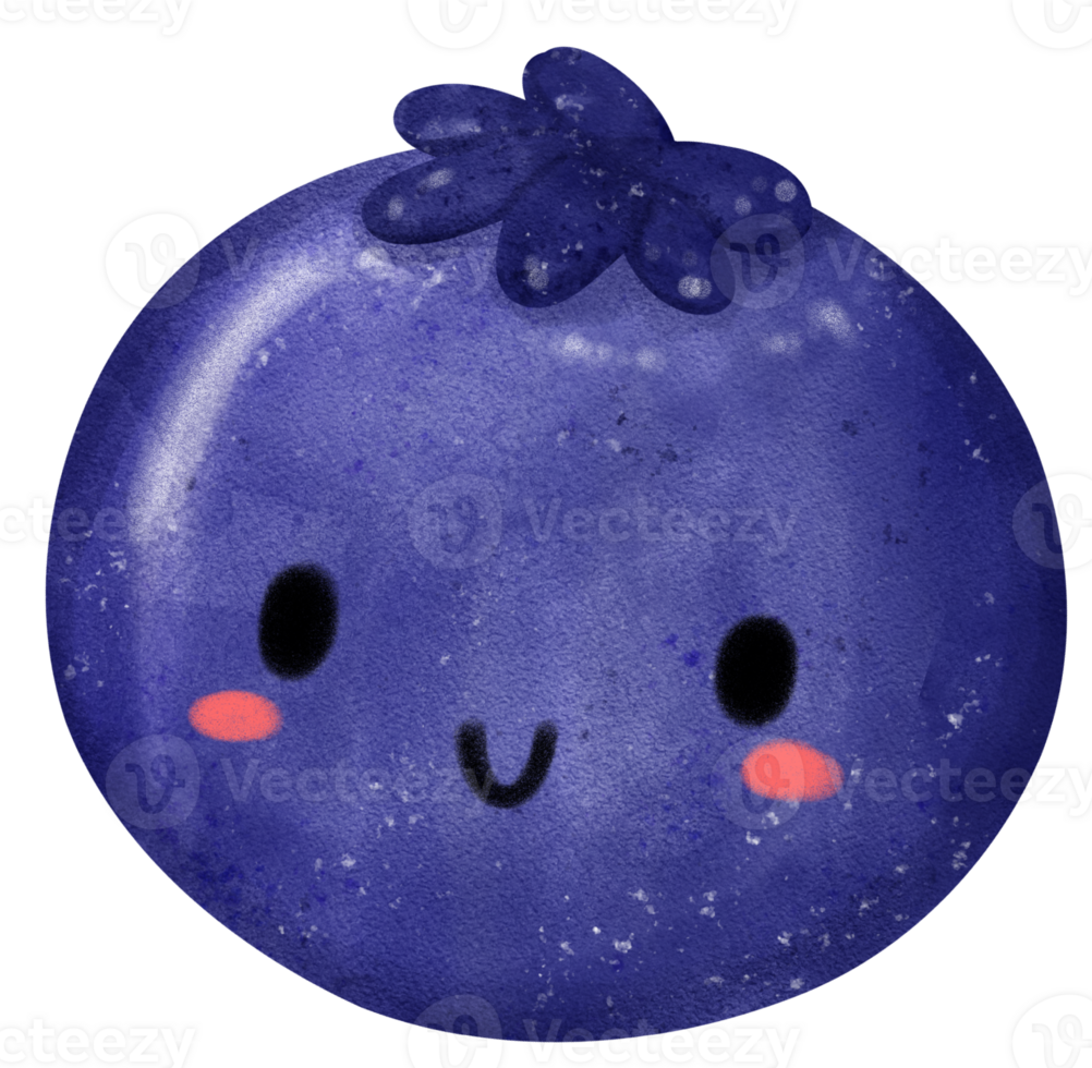 Kawaii happy face blueberry fruit cute character watercolour hand painting png