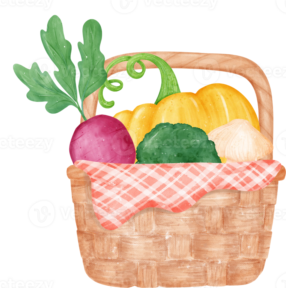 Watercolour vegetable wicker vintage basket png