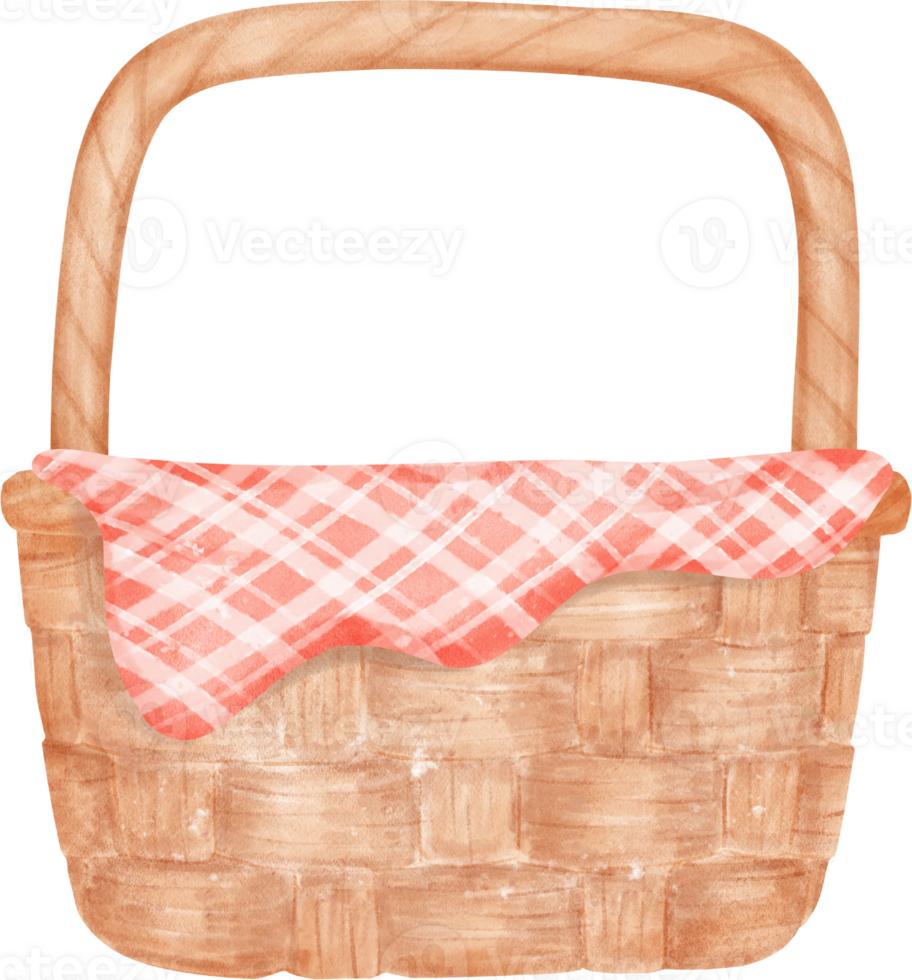 Empty wicker wooden picnic basket watercolor illustration png