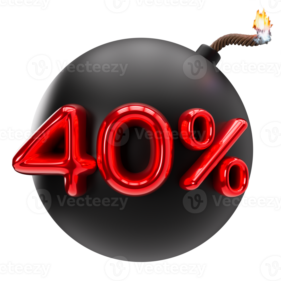 40 percent discount 3D illustration on transparent background, as png. Sale, special offer, good price, deal, shopping. Cut out red and black design element, bomb. Sale up to forty percent off. 3D png