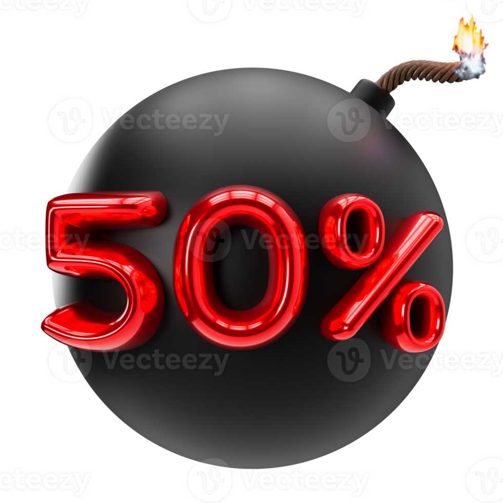 50 percent discount 3D illustration on transparent background, as png. Sale, special offer, good price, deal, shopping. Cut out red and black design element, bomb. Sale up to fifty percent off. 3D png