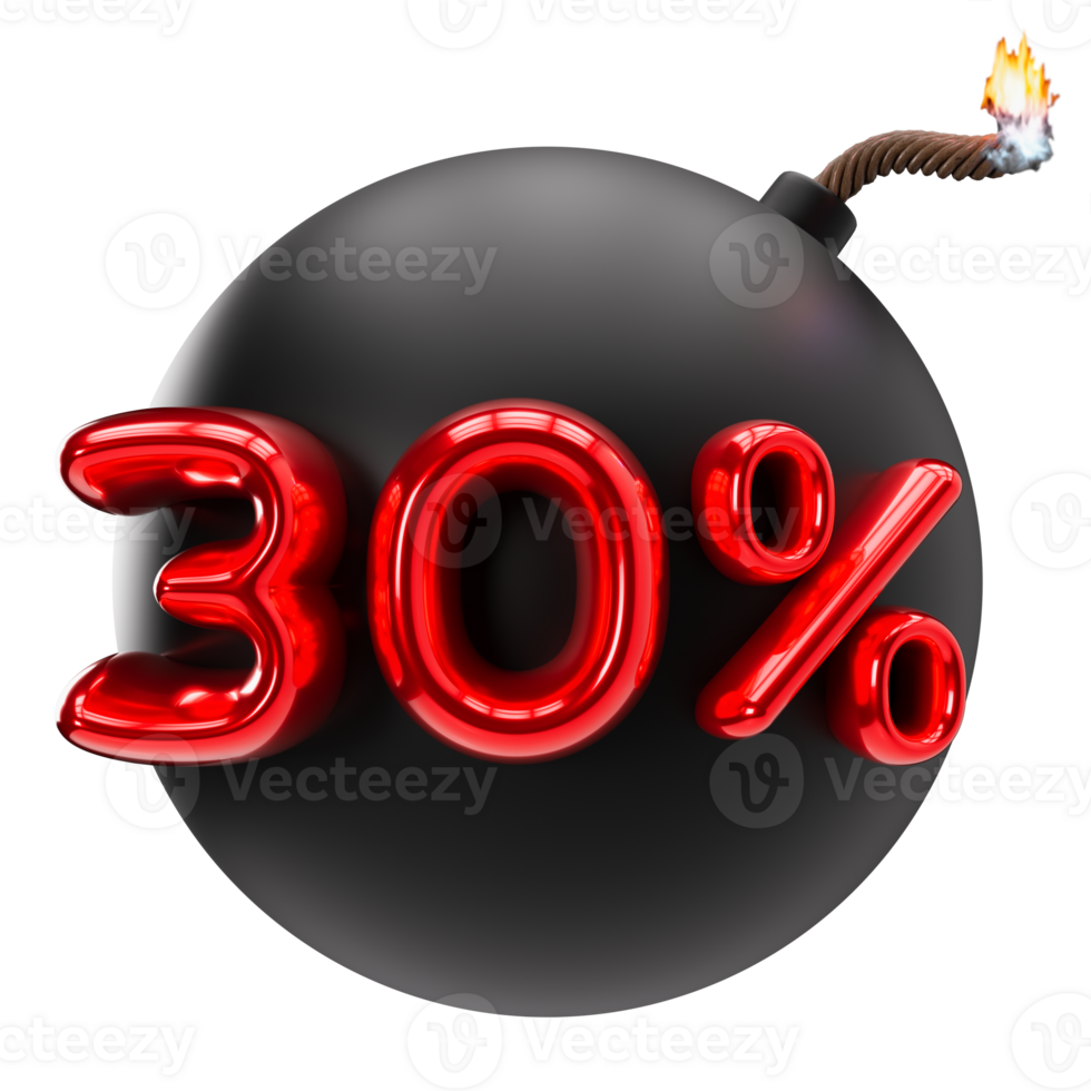 30 percent discount 3D illustration on transparent background, as png. Sale, special offer, good price, deal, shopping. Cut out red and black design element, bomb. Sale up to thirty percent off. 3D png
