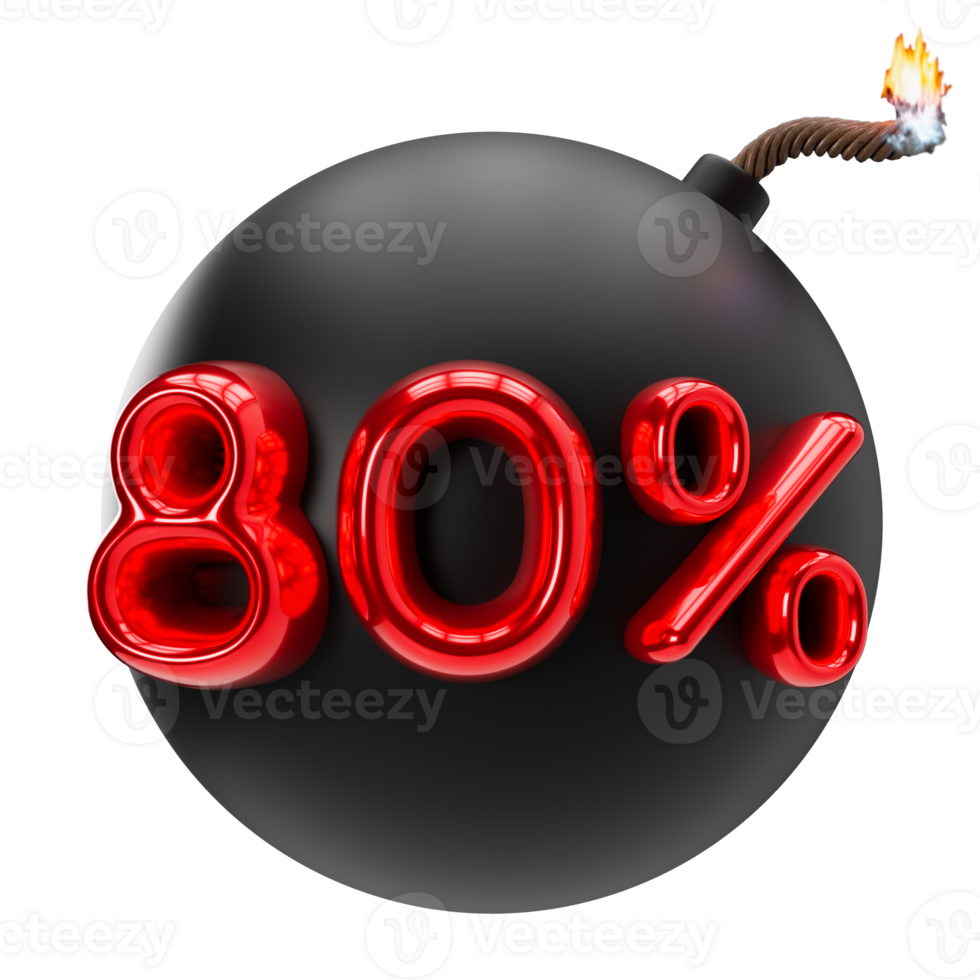 80 percent discount 3D illustration on transparent background, as png. Sale, special offer, good price, deal, shopping. Cut out red and black design element, bomb. Sale up to eighty percent off. 3D png