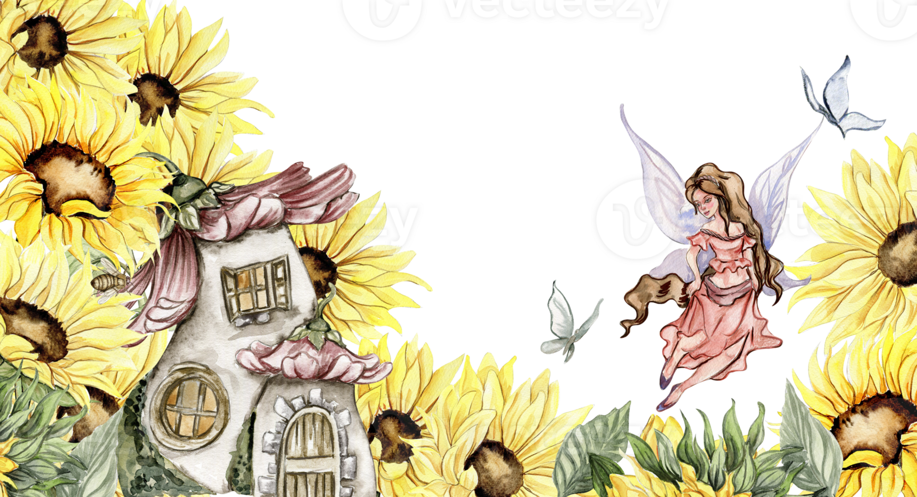 Watercolor horizontal seamless background with sunflowers. Butterflies in cartoon style. Hand drawn illustration of summer. Perfect for scrapbooking, kids design, wedding invitation. greetings cards. png