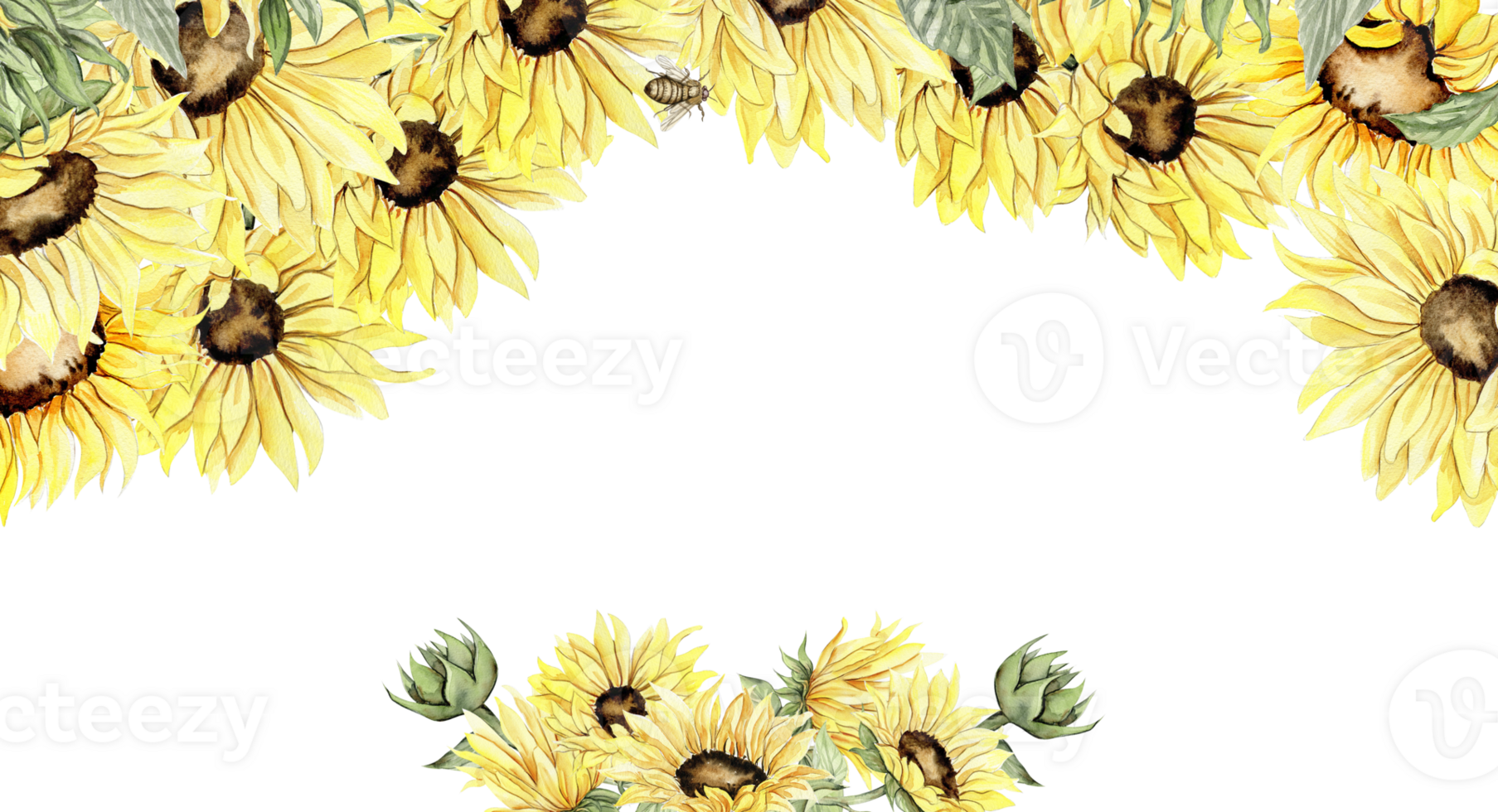 Watercolor horizontal seamless background with sunflowers. Butterflies in cartoon style. Hand drawn illustration of summer. Perfect for scrapbooking, kids design, wedding invitation. greetings cards. png