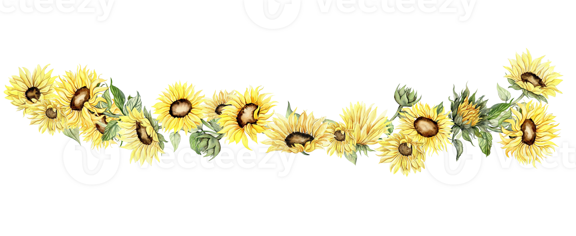 Watercolor horizontal seamless background with sunflowers. Butterflies in cartoon style. Hand drawn illustration of summer. Perfect for scrapbooking, kids design, wedding invitation. greetings cards. png