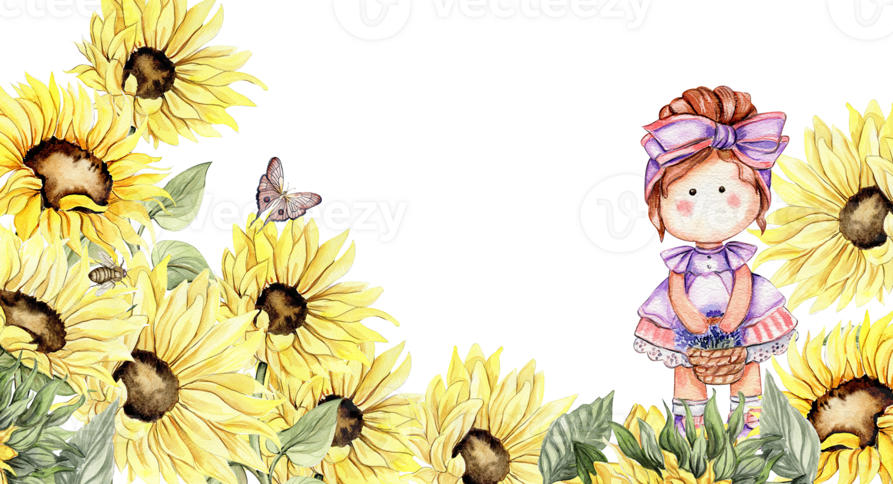 Watercolor horizontal seamless background with sunflowers. Butterflies in cartoon style. Hand drawn illustration of summer. Perfect for scrapbooking, kids design, wedding invitation. greetings cards. png