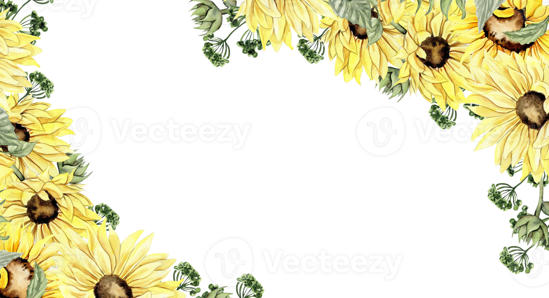 Watercolor horizontal seamless background with sunflowers. Butterflies in cartoon style. Hand drawn illustration of summer. Perfect for scrapbooking, kids design, wedding invitation. greetings cards. png