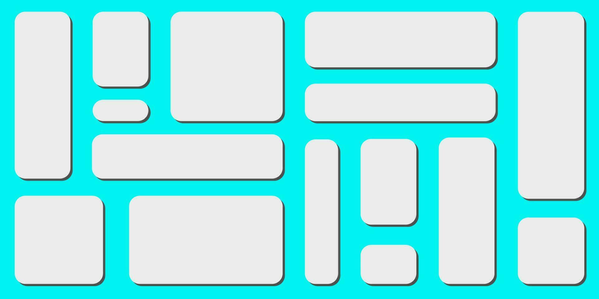 Set of blank white buttons on blue background. Set of rounded rectangles. White set of blank buttons on light blue background. Oval, round, and square web 3d icons. vector