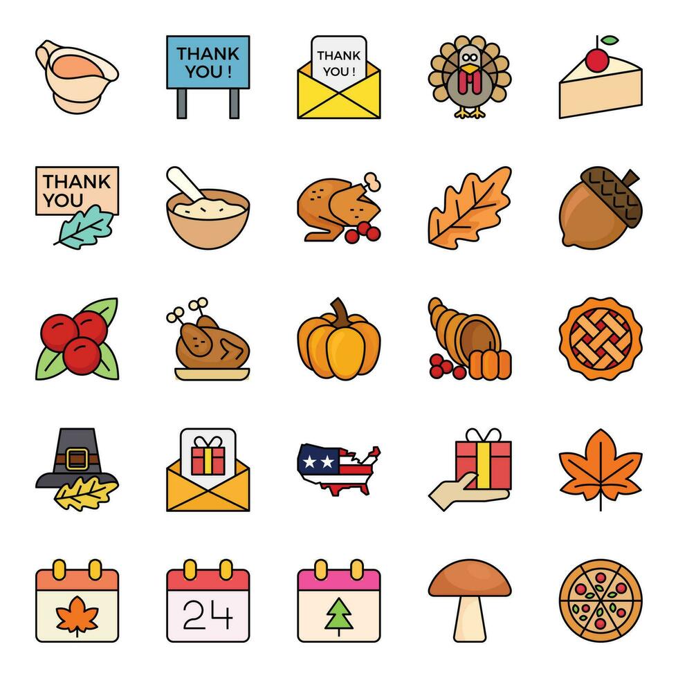 Filled outline icons for Thanksgiving. vector