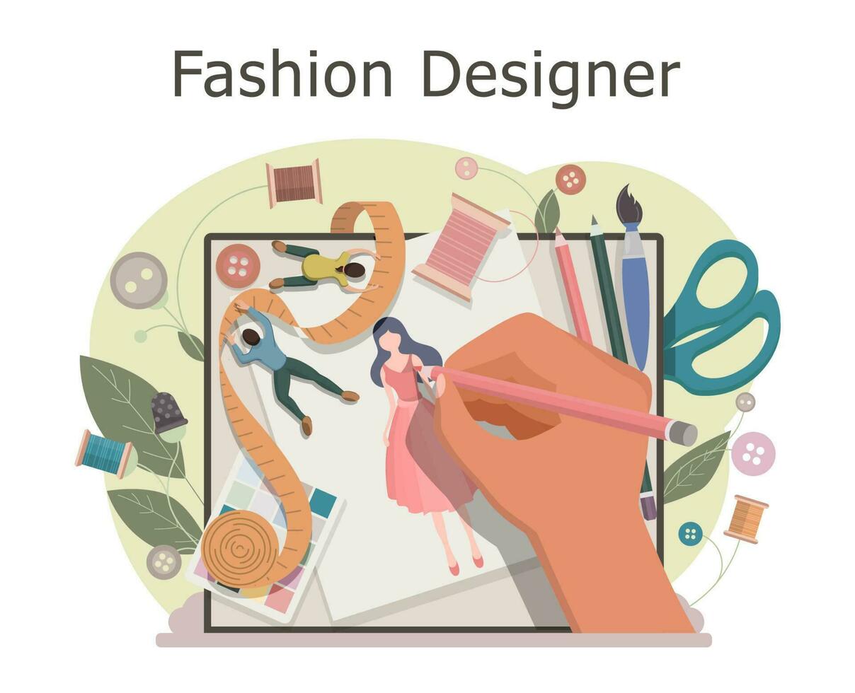 Fashion designer makes a sketch of clothes. Designing new collection in sewing studio. Clothing design concept. Creative atelier profession. Vector illustration