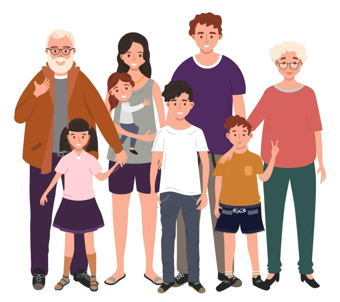 grande contento familia juntos. padre, madre, abuelo, abuela y niños. vector ilustración