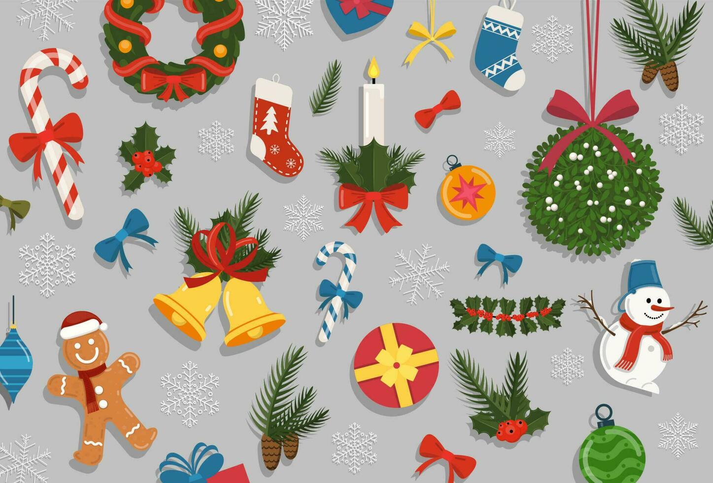Set of Christmas. New Year holiday decoration elements, symbols collection. Vector illustration.