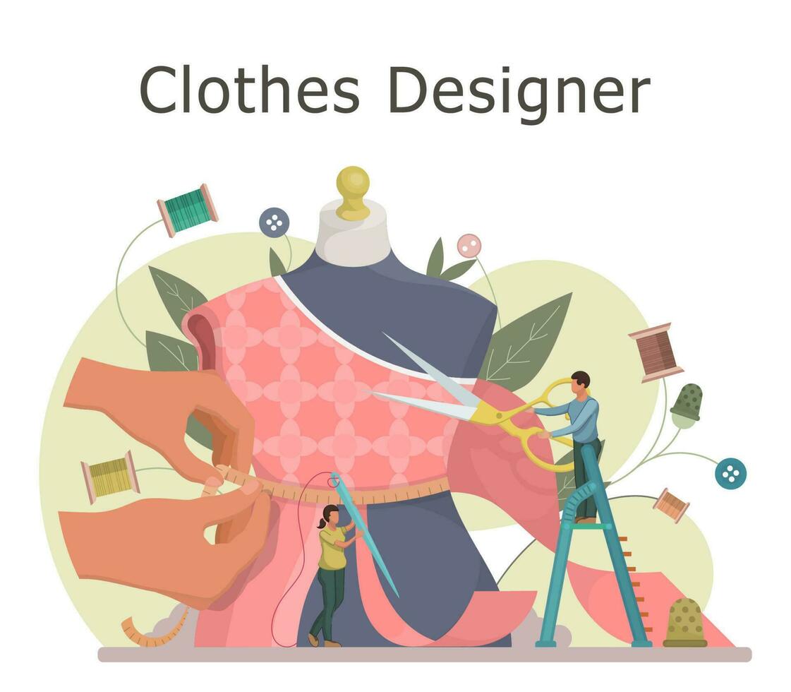 Fashion or clothes designer concept. Tiny tailor masters sewing clothes and working with a mannequin. Flat style vector illustration.