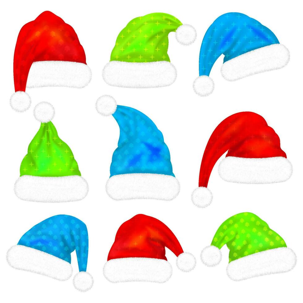 Set of Santa Claus hats with fur isolated on white background. Vector illustration