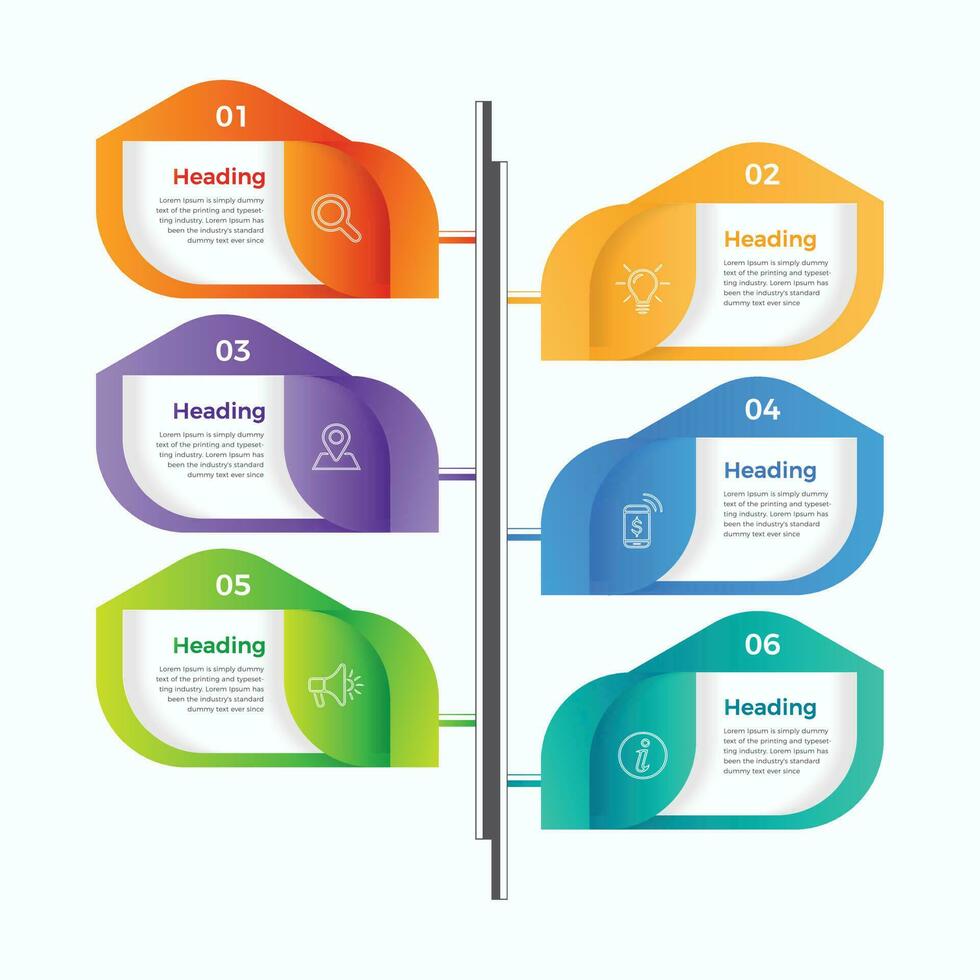 6 6 pasos negocio infografia modelo. moderno vistoso infografía pasos. presentación y cuadro. elementos para infografia vector