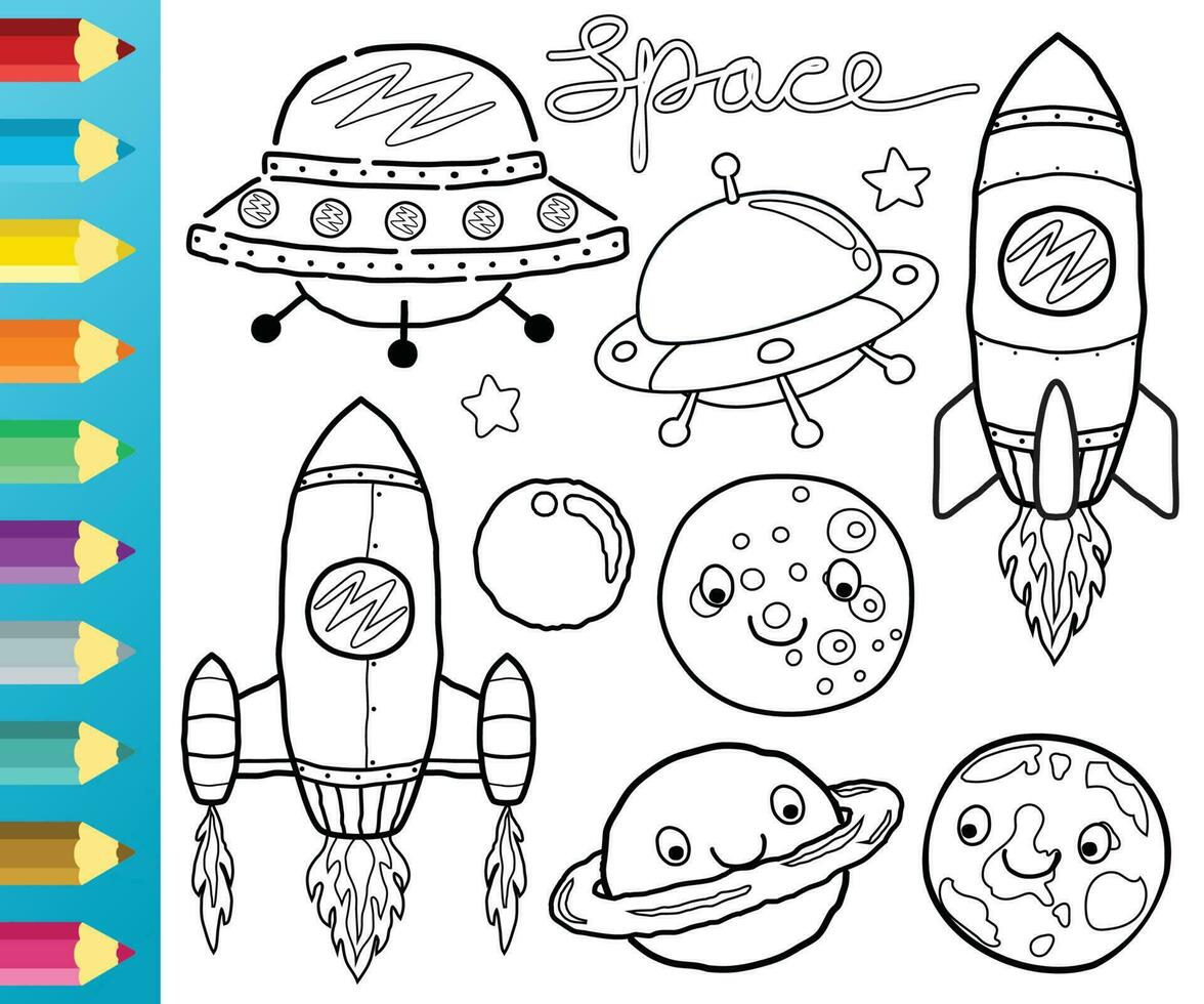 Vector set of cartoon spaceship with planets, space elements. Coloring book or page