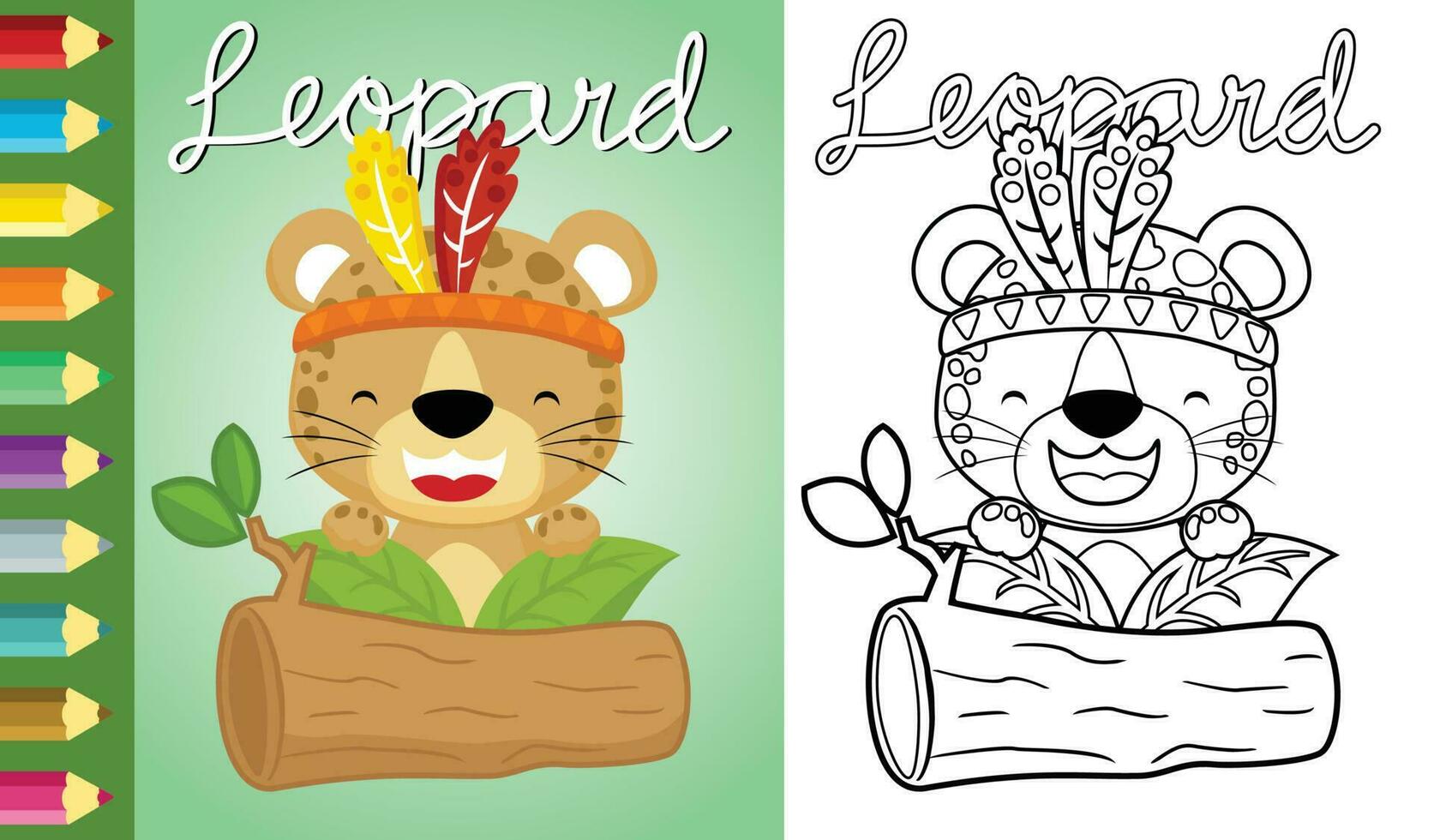 Happy leopard cartoon with feather headdress on tree trunk . Coloring book or page vector