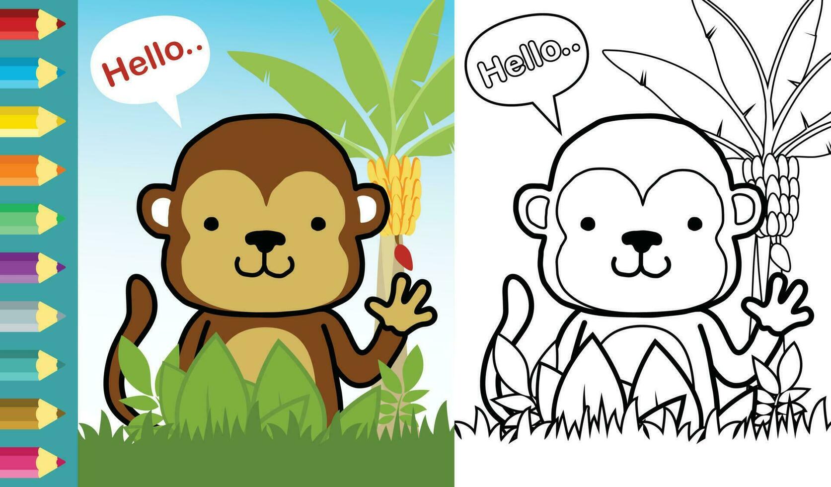 Vector cartoon of funny monkey with banana tree. Coloring book or page