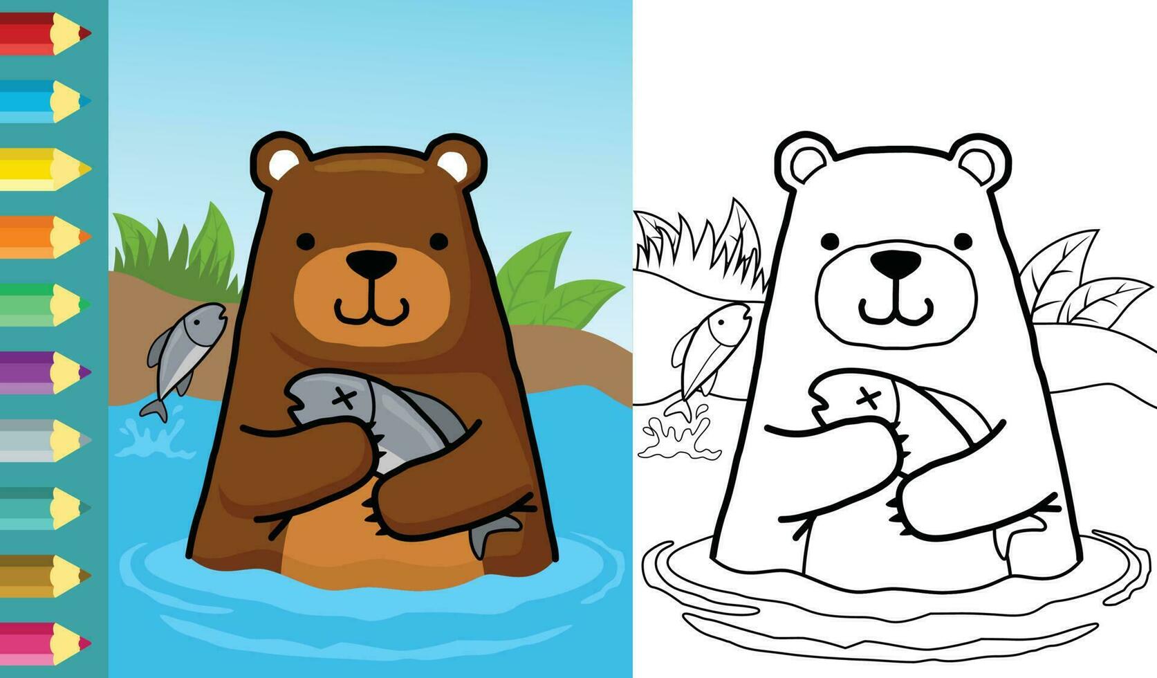 Vector illustration of cartoon bear catching fish in river. Coloring book or page