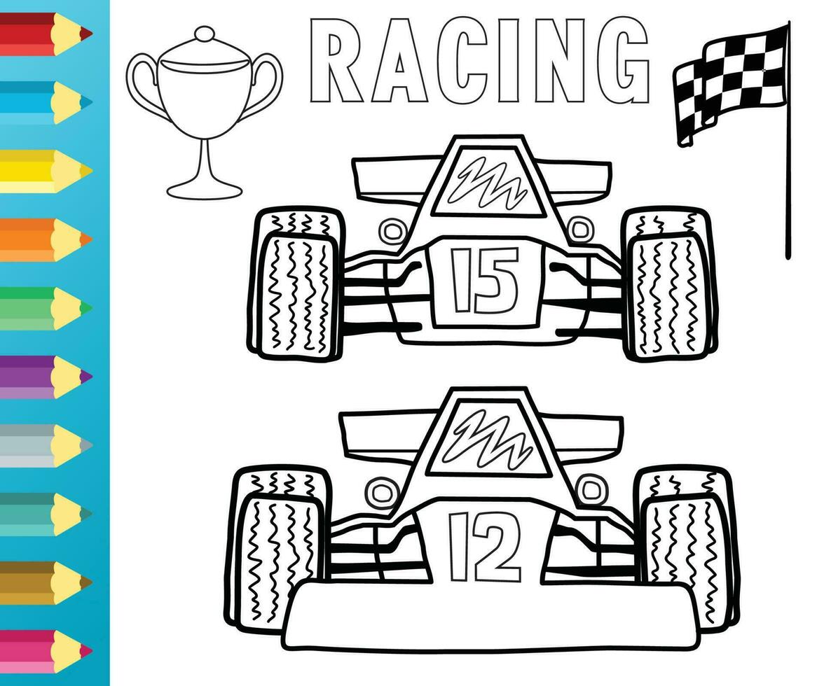 Vector cartoon of racing car with trophy and checkered flag. Coloring book or page